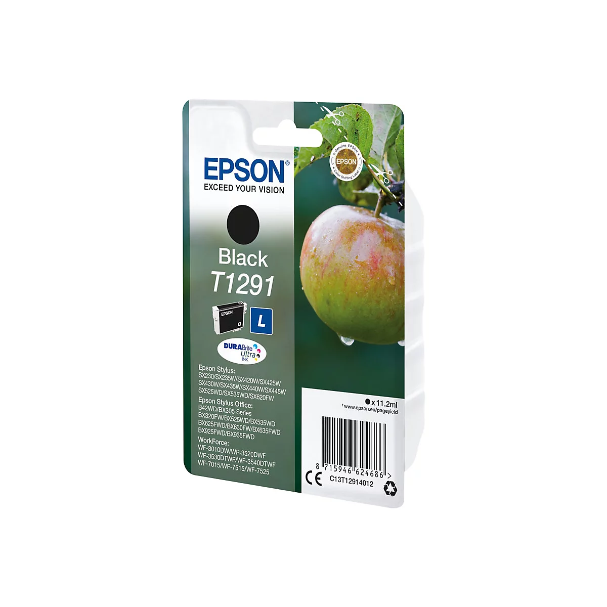 Cartouche d'encre noire Epson T1291 devant une branche de pommier floue.