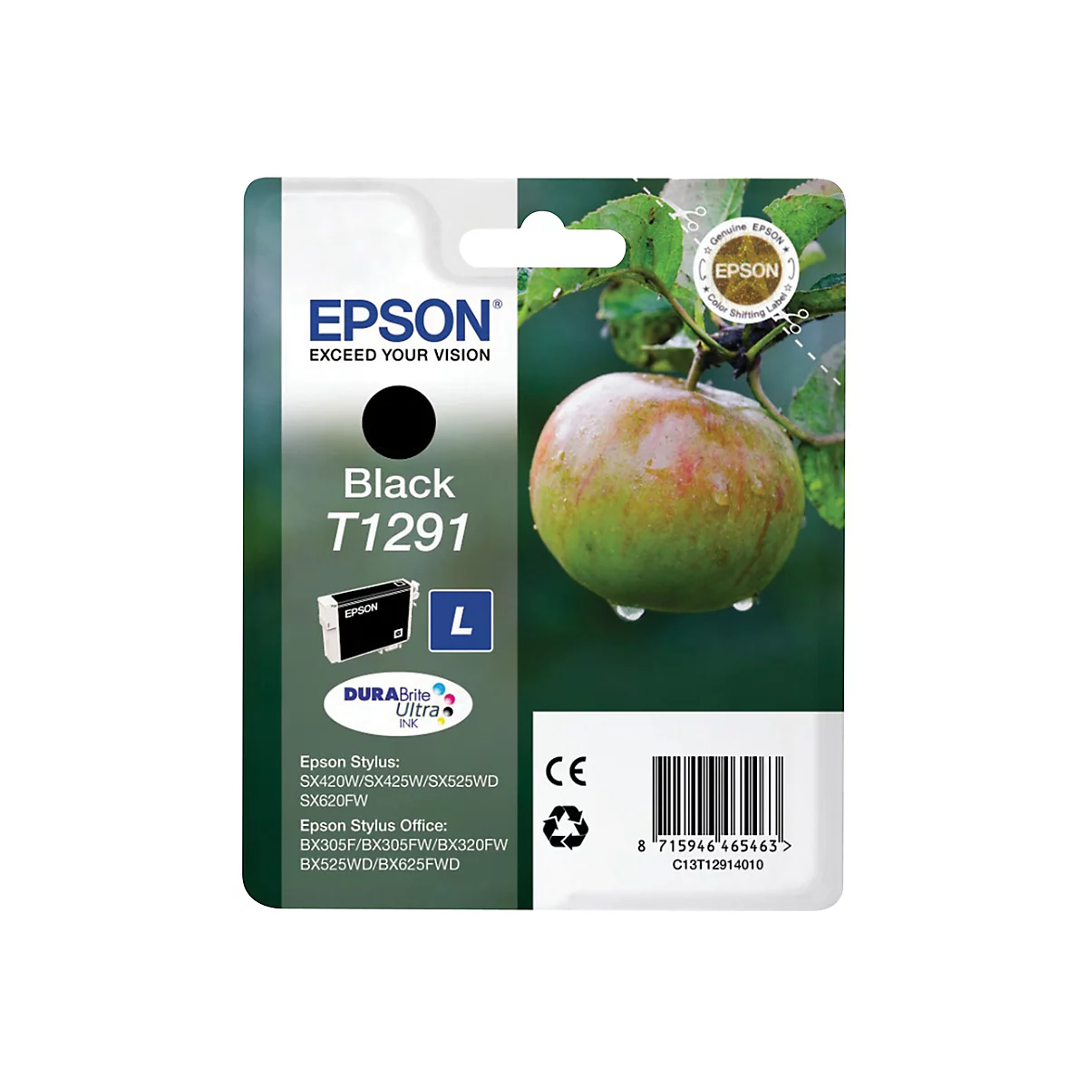 Cartouche d'encre noire Epson T1291 avec motif de pomme en arrière-plan.