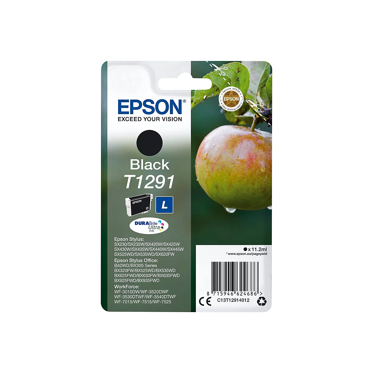 Cartouche d'encre noire Epson T1291 avec fond de pomme.