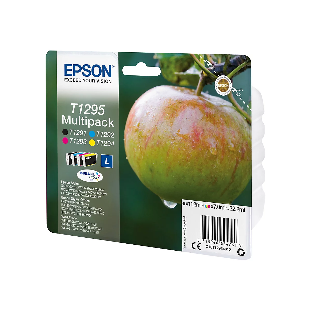 Gros plan d'un emballage de cartouches d'encre Epson, à côté d'une pomme avec des gouttes d'eau.