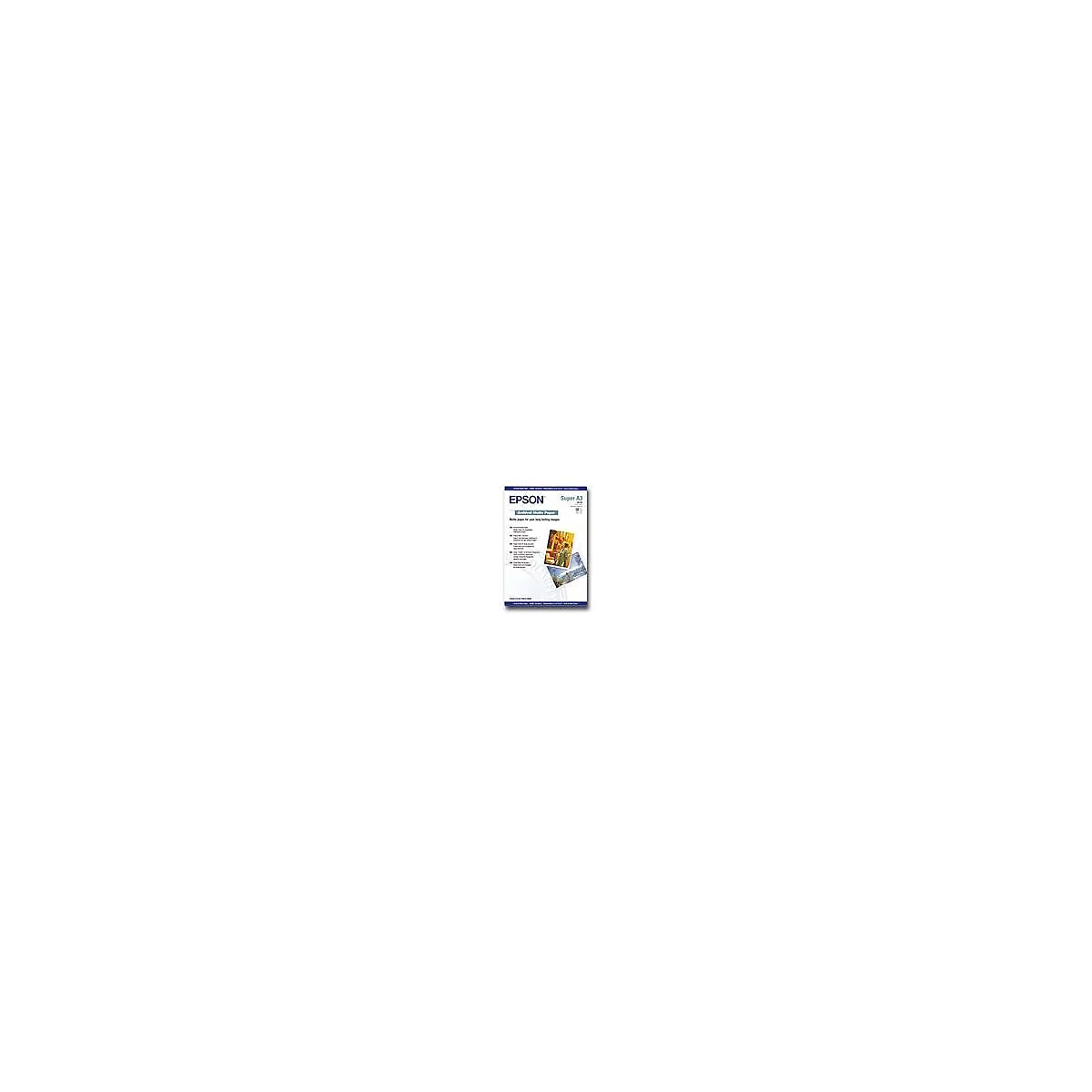 Epson Archival Matte Paper Packung im Format Super A3 mit Produktinformationen und Beispielfotos.