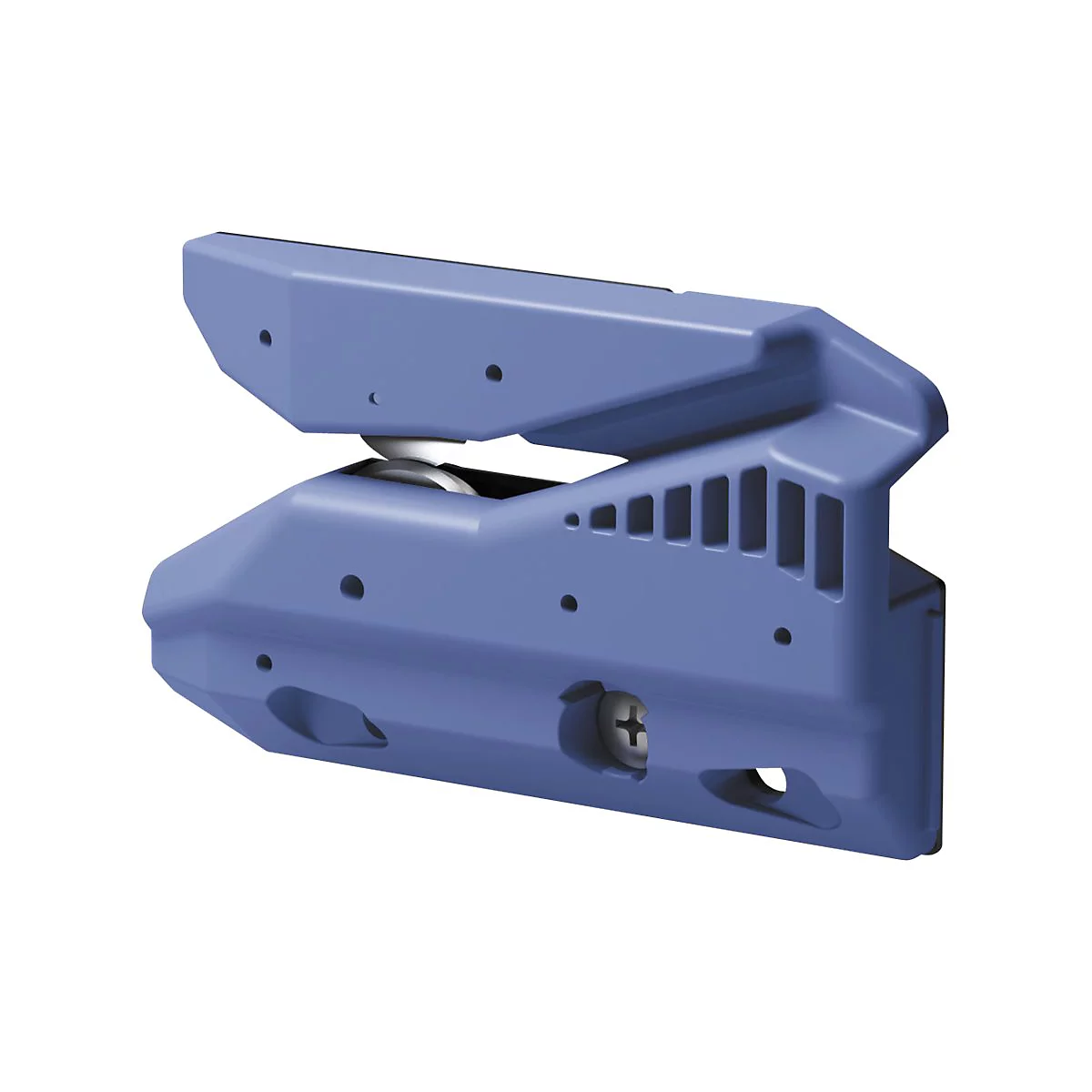 Blaues Kunststoffteil mit Schraube und Öffnungen. Oben ein Teil, unten ein Teil, dazwischen ein weißes Rad.