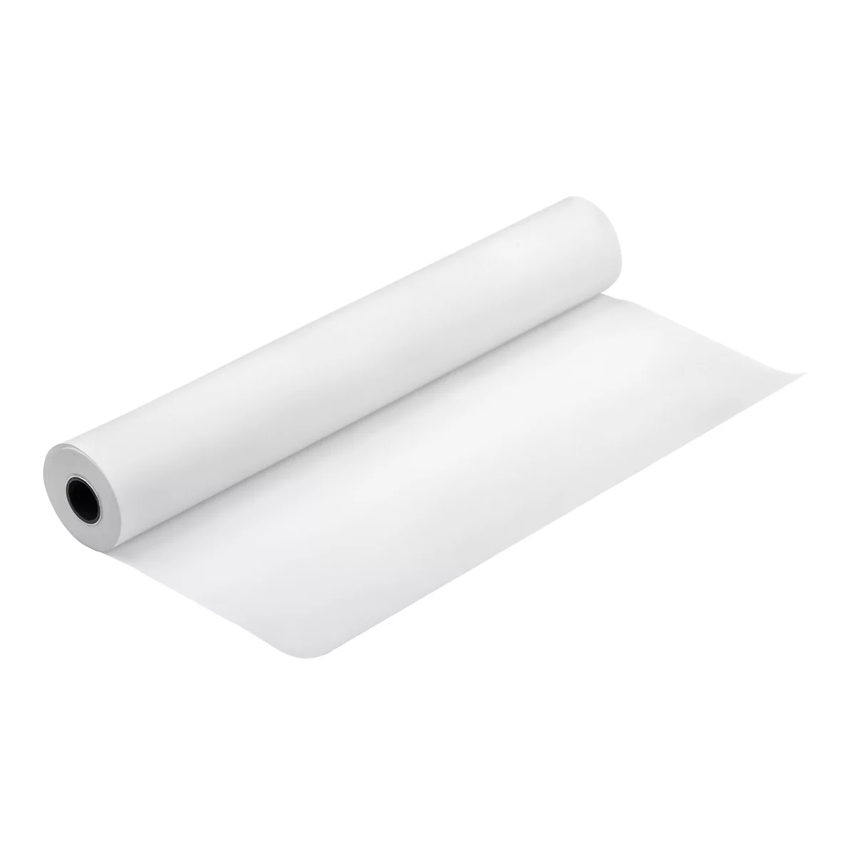 Eine aufgerollte Bahn weißes Papier auf einem schwarzen Kern vor weißem Hintergrund.