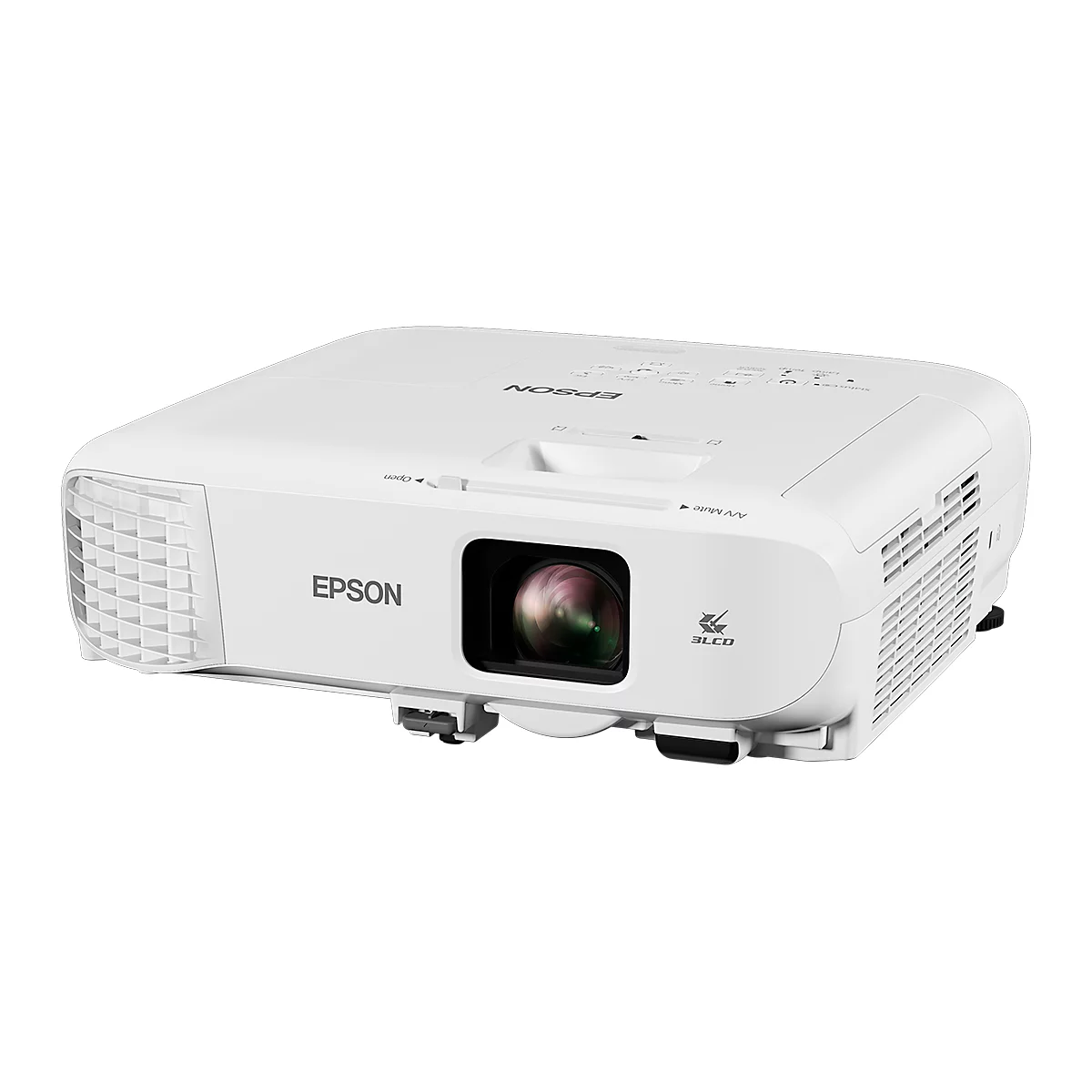 Witte Epson-projector met lens en logo, vooraanzicht.
