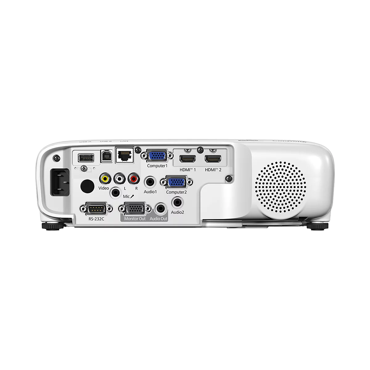 Achterkant van een witte projector met verschillende poorten: HDMI, VGA, audio, USB, stroompoort en luidspreker.