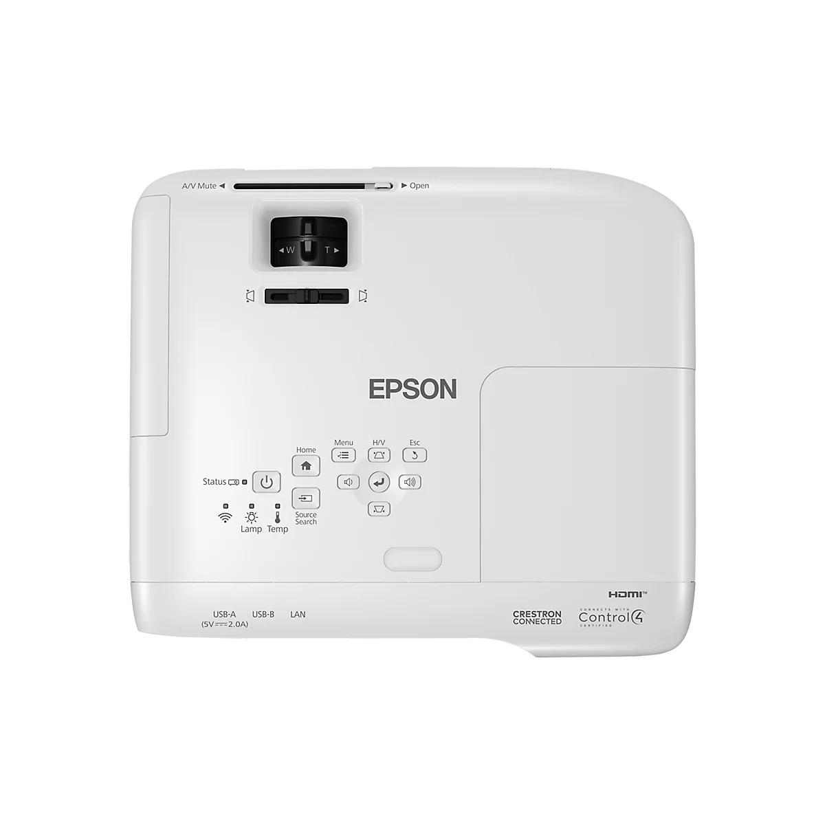 Weißer Epson-Projektor, Draufsicht. Auf der Oberseite befinden sich Bedienelemente und das Epson-Logo.