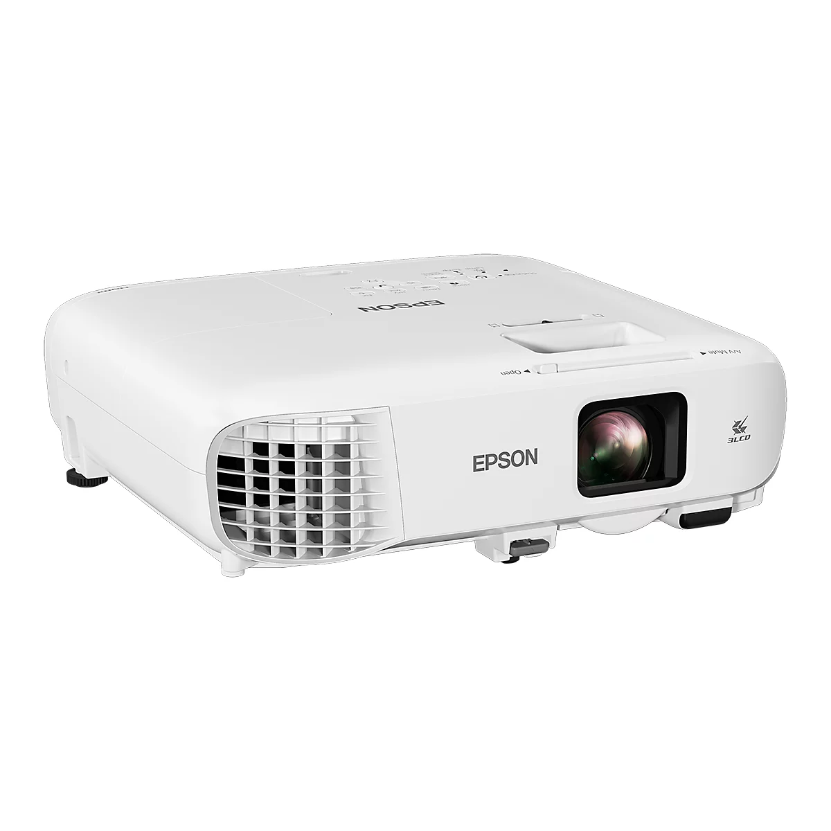 Projecteur Epson blanc, vue de face, objectif avec reflet, marque Epson.