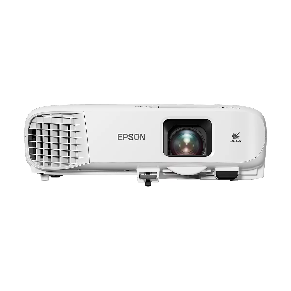 Projecteur Epson blanc, vue de face. Grand objectif, logo et fentes d'aération.