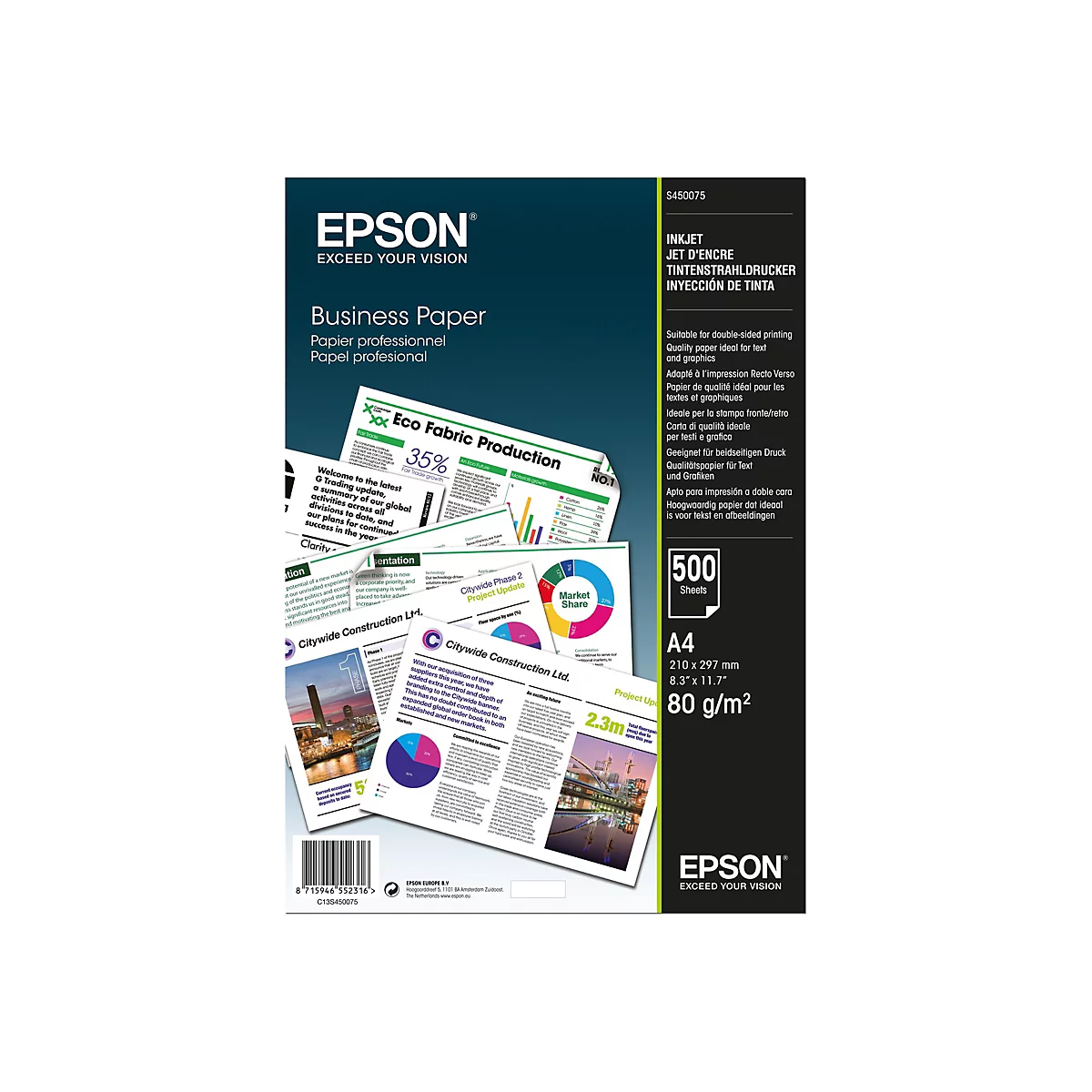 Epson Business Paper Verpackung: A4, 500 Blatt, 80 g/m2, geeignet für beidseitigen Druck mit Text- und Grafikbeispielen.