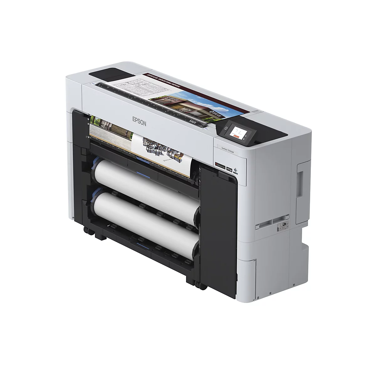 Une grande imprimante Epson grise avec des plans imprimés et un écran tactile. Il y a deux rouleaux de papier dans l'imprimante.