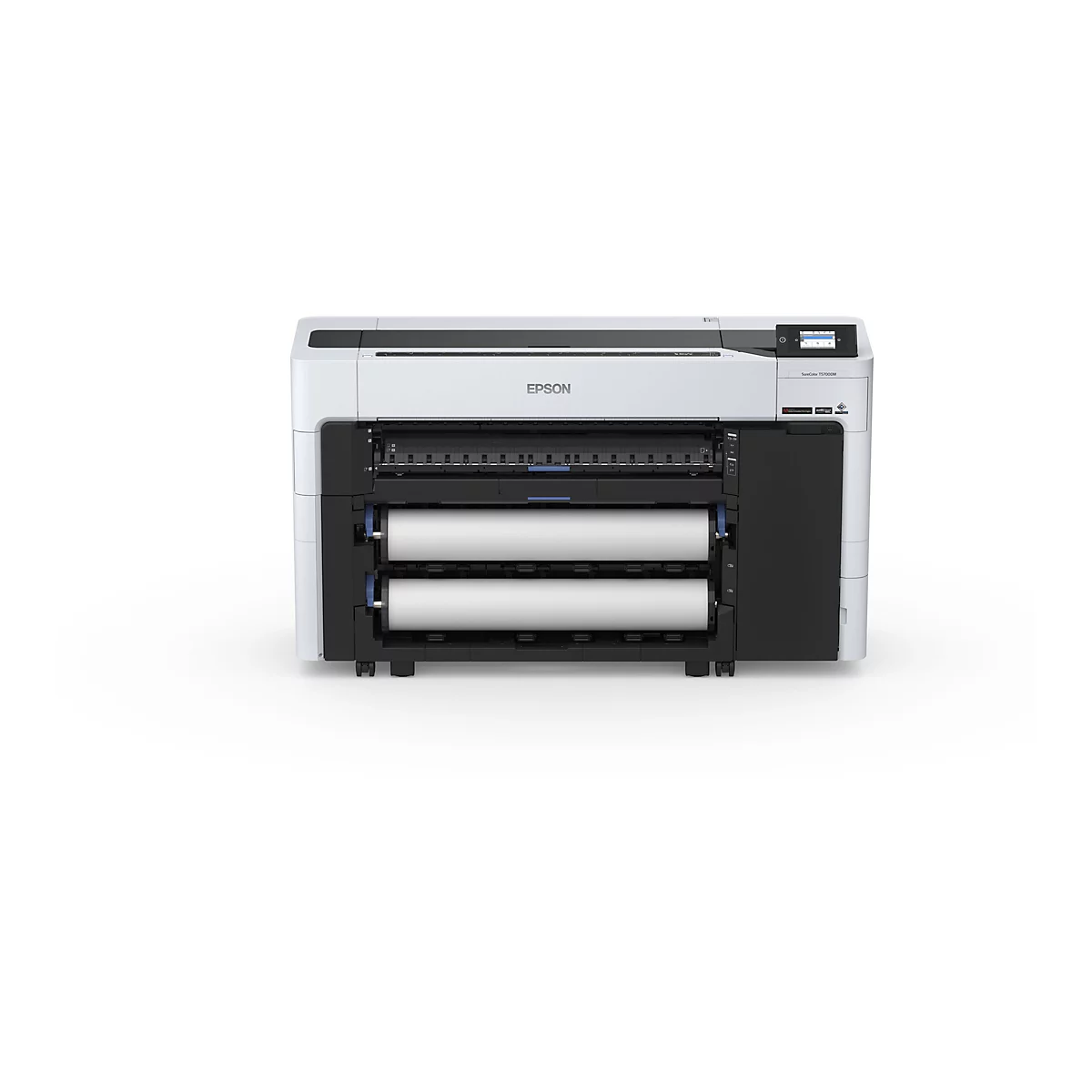 Grande imprimante blanche avec logo Epson, rouleaux de papier visibles.