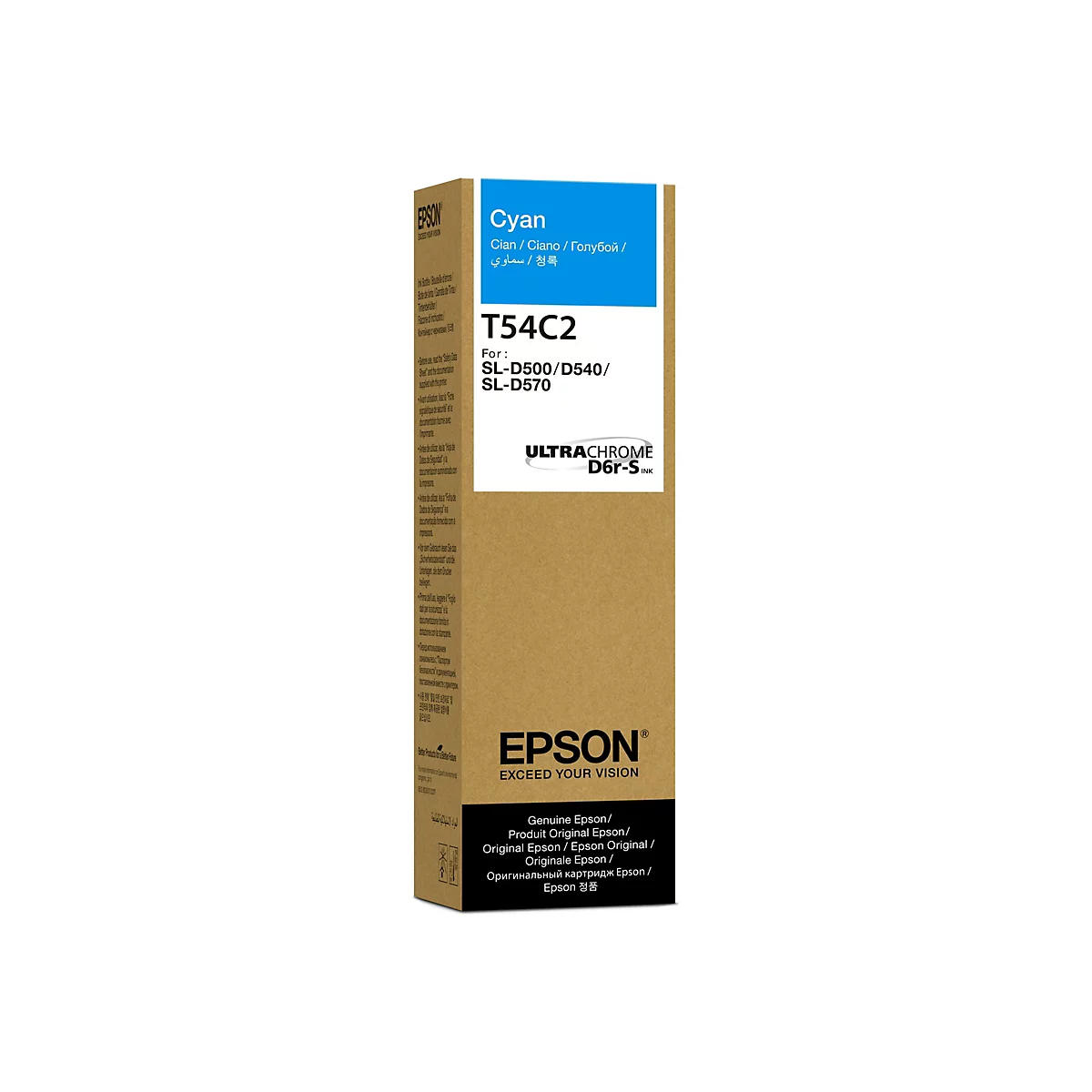 Cartouche d'encre cyan Epson, emballage avec informations sur le produit.