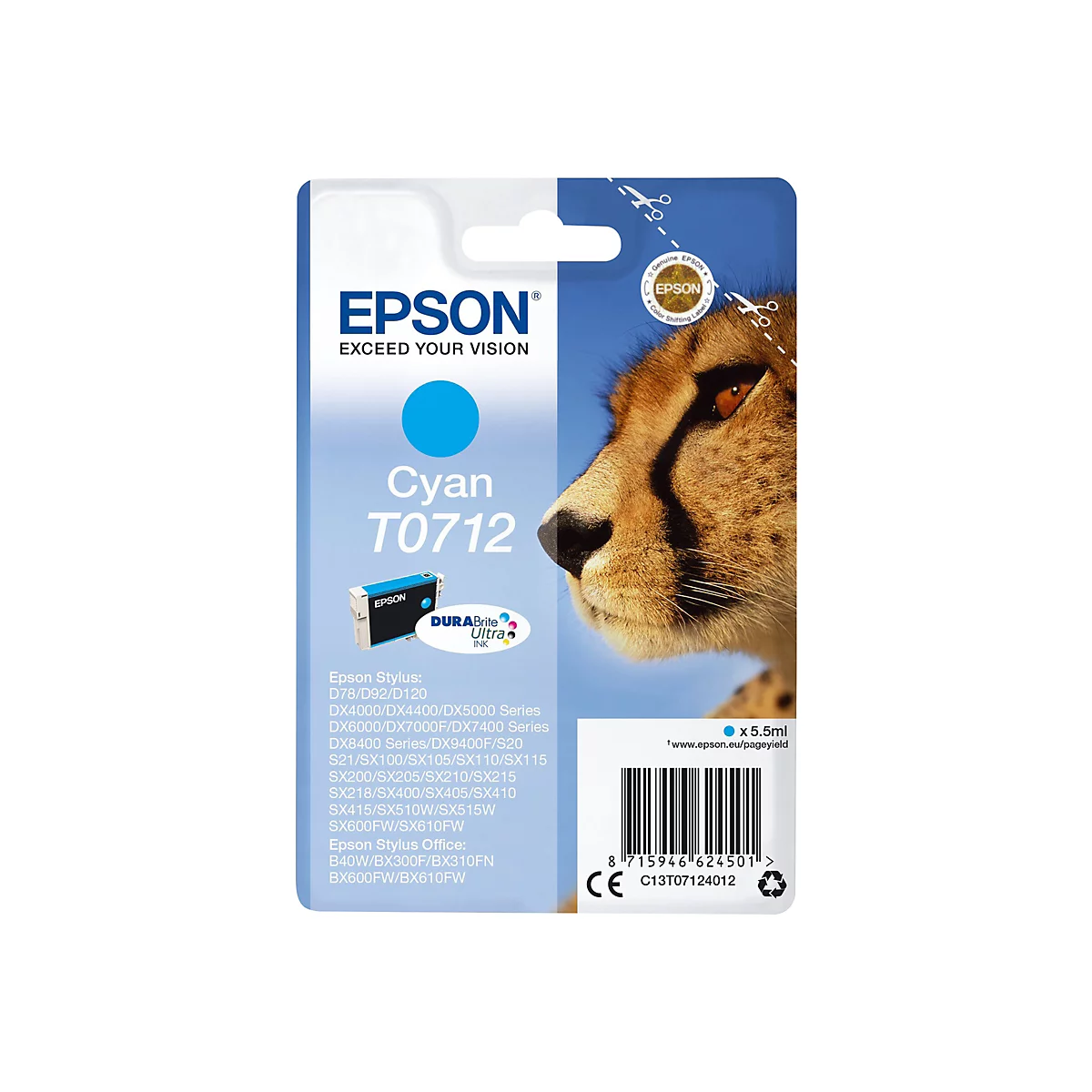 Cartouche d'encre cyan Epson avec une tête de léopard en arrière-plan. Des informations sur le produit y sont imprimées.