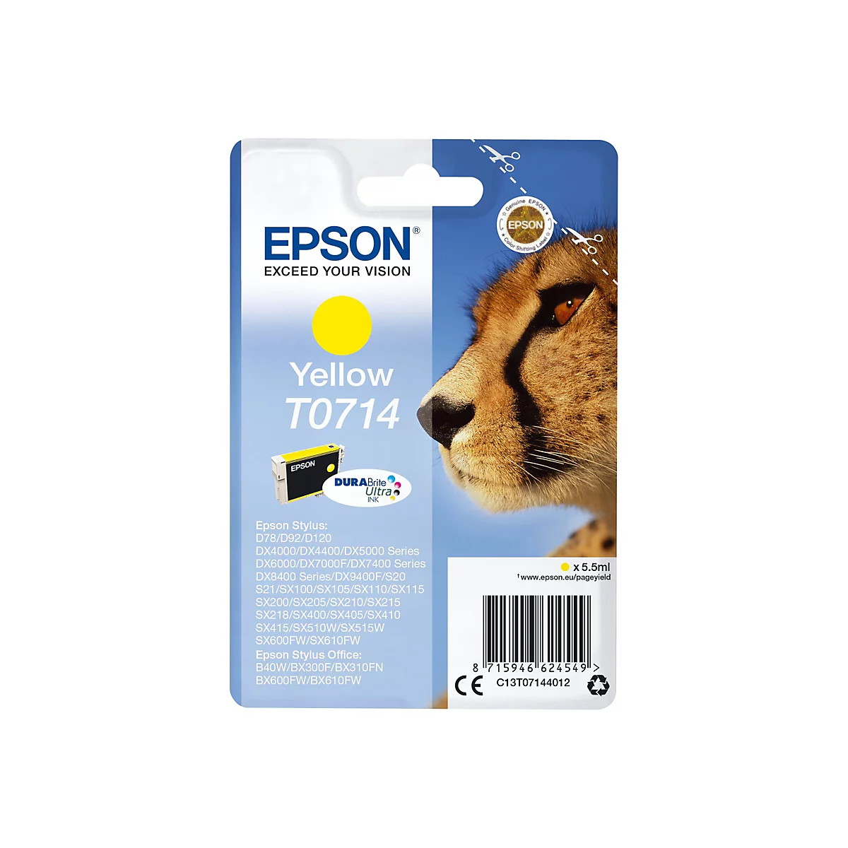 Cartouche d'encre jaune Epson T0714 avec un guépard dessus.