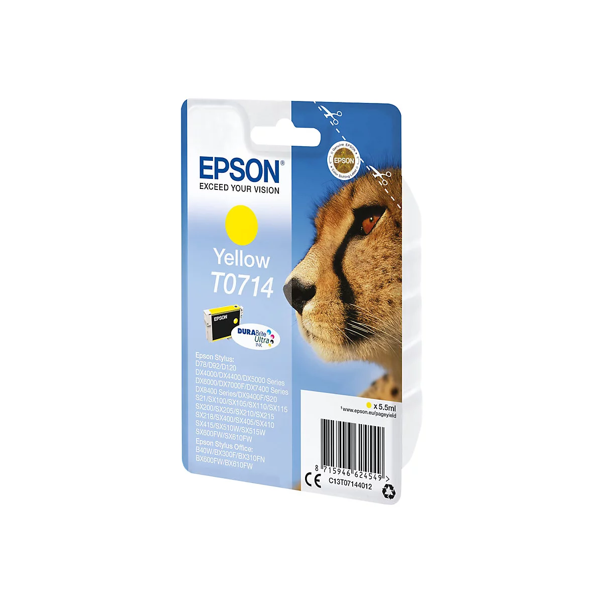 Cartouche d'encre jaune Epson T0714. Un guépard est représenté sur l'emballage. Ci-dessous se trouve une liste d'imprimantes compatibles.