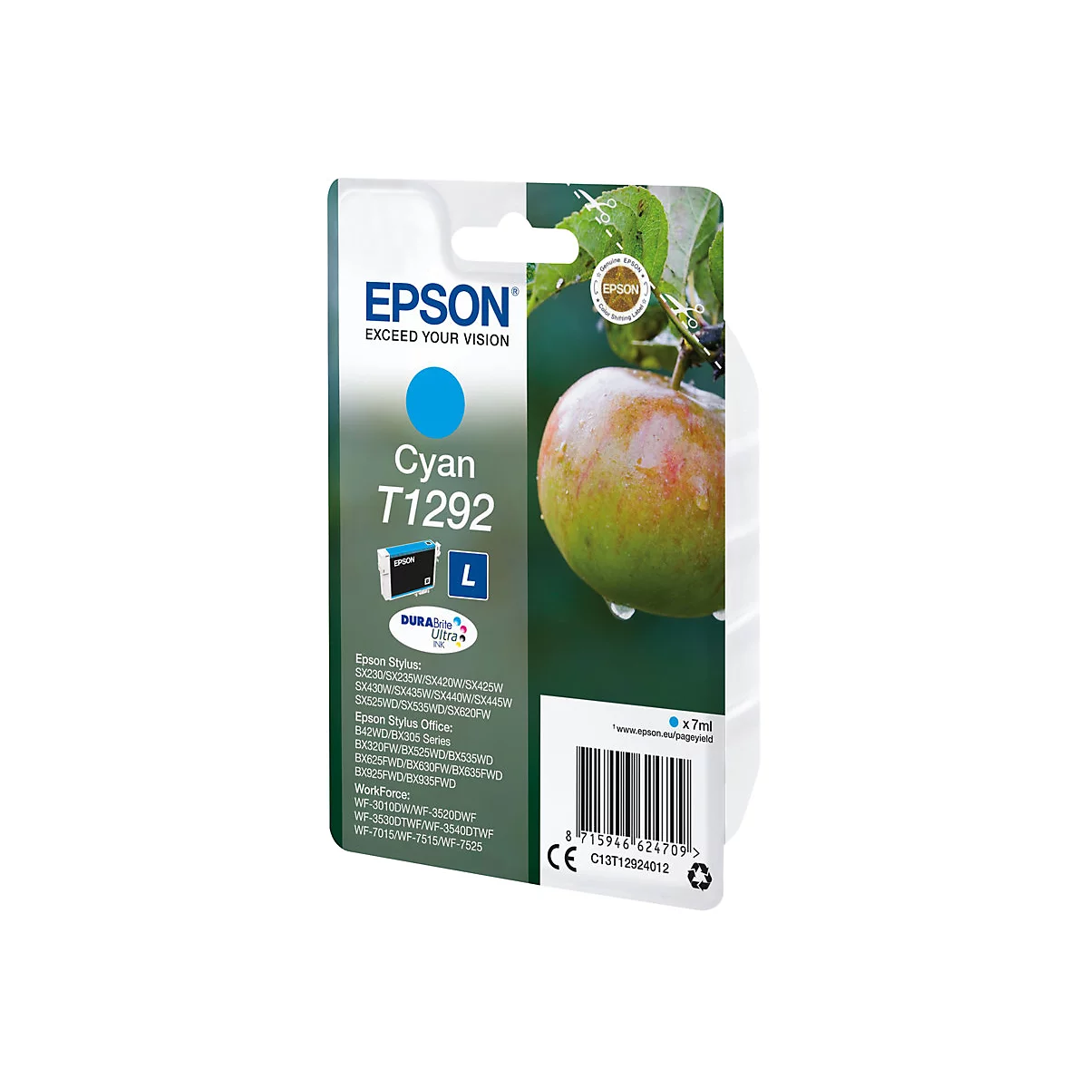 Emballage blister avec encre Epson T1292. Une pomme avec des gouttelettes d'eau est partiellement visible.