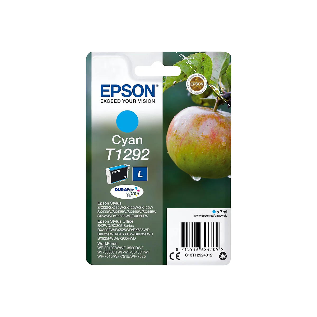 Emballage de produit pour l'encre cyan Epson. L'emballage présente un champ d'encre bleu, le texte "Cyan T1292" et une pomme en arrière-plan.