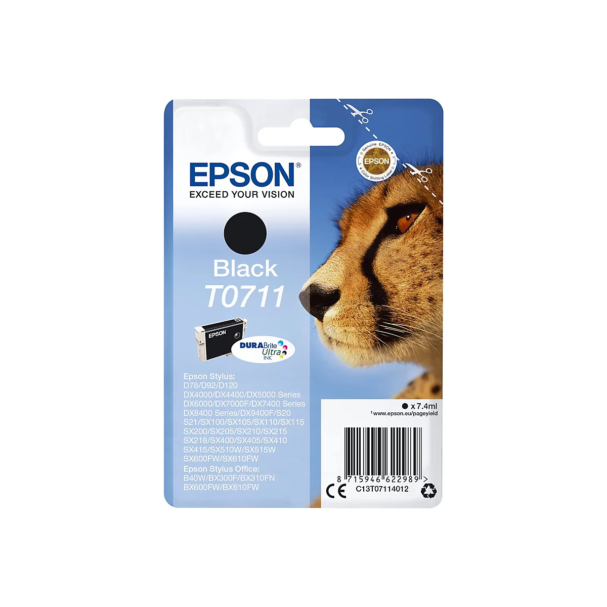 Cartouche d'encre noire Epson T0711 avec un portrait de guépard en arrière-plan.