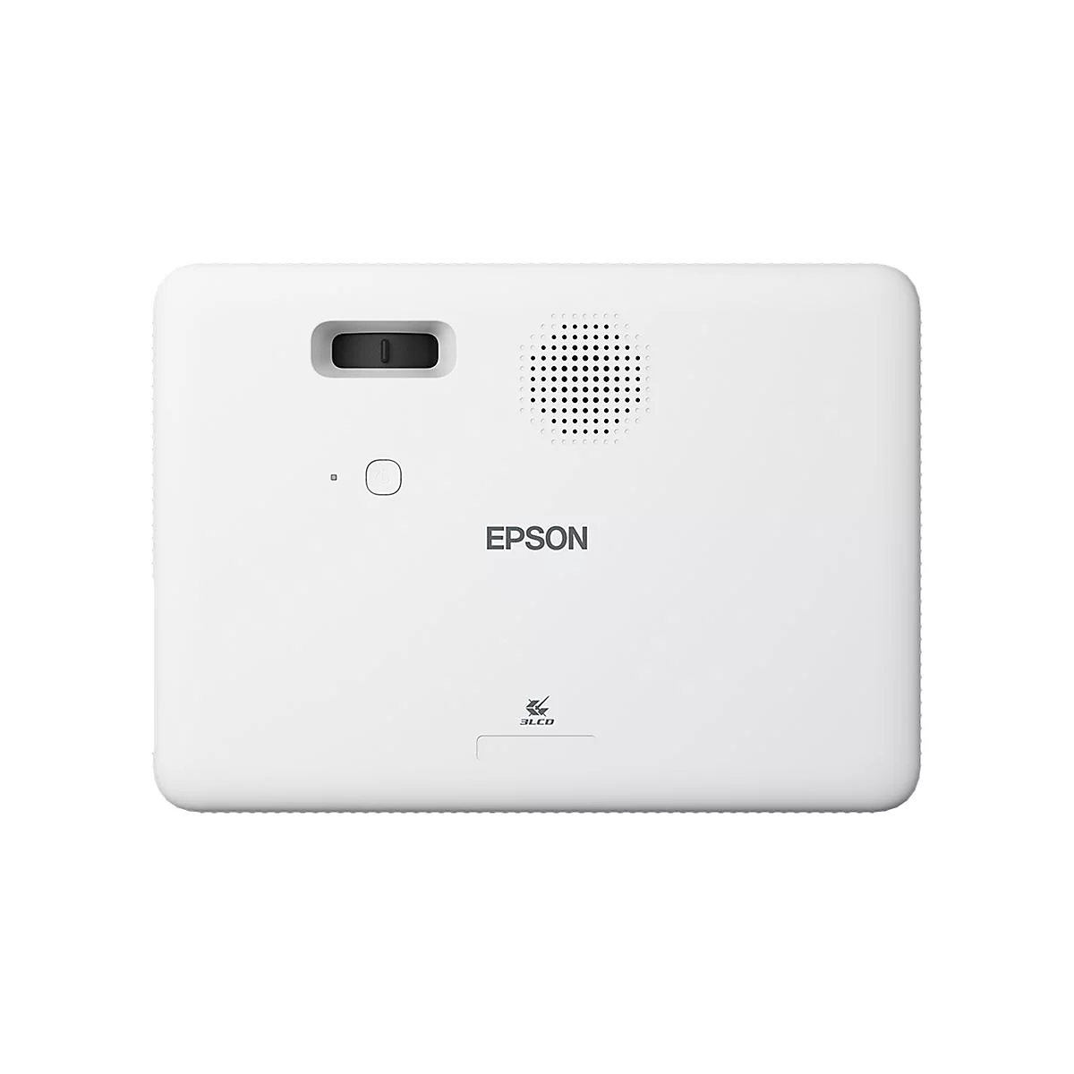 Weißer Epson-Projektor, rechteckig, mit Lautsprecherlöchern, Ein- / Aus-Taste und Objektiv. Aufschrift: EPSON und 3LCD.