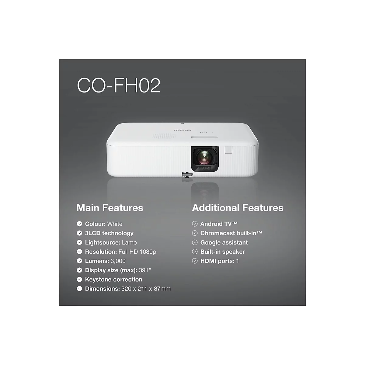 Epson CO-FH02 - 3-LCD-Projektor - tragbar - 3000 lm (weiß) - 3000 lm (Farbe) - Full HD (1920 x 1080)