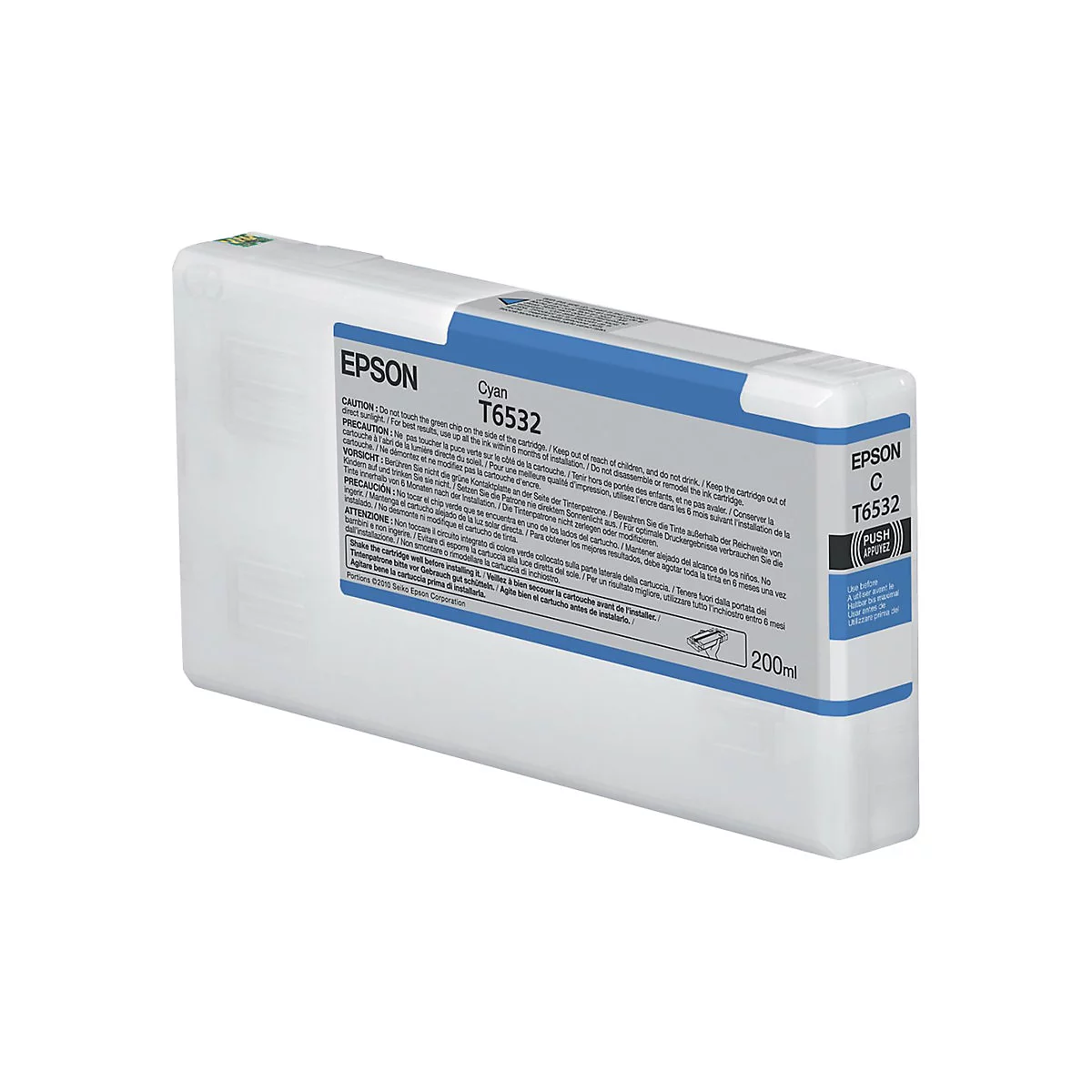 Eine Druckerpatrone von Epson, Cyan, mit Text: T6532, 200ml.