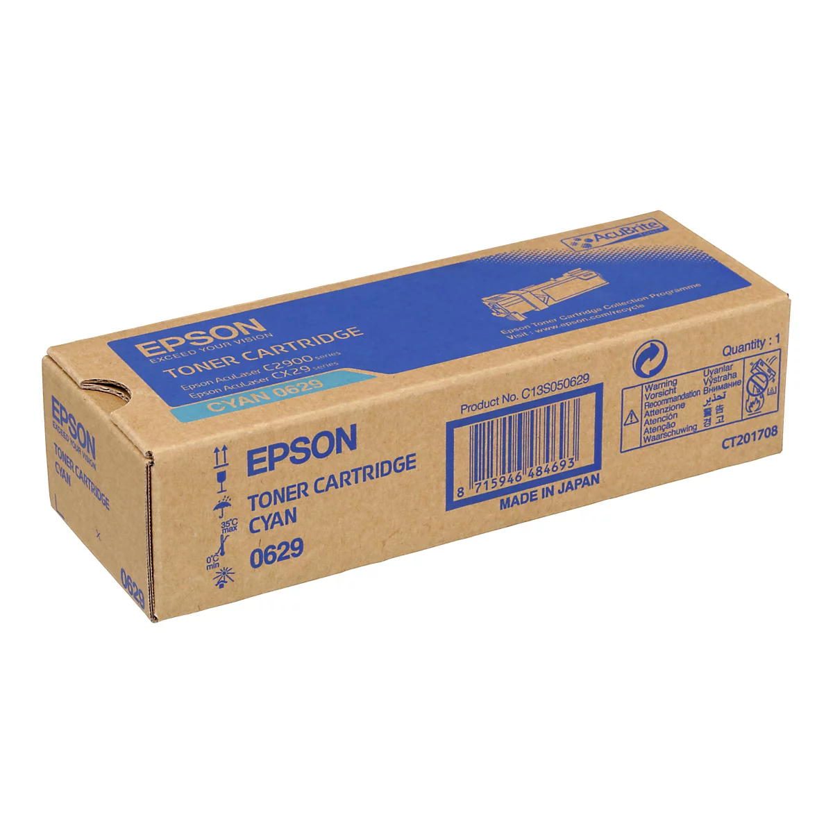 Eine rechteckige Epson-Toner-Kartusche, Cyan 0629, liegt auf weißem Grund. Auf der Oberseite ist eine blaue Fläche mit Text, darunter das Epson-Logo und Produktinformationen. Der Karton ist beige.