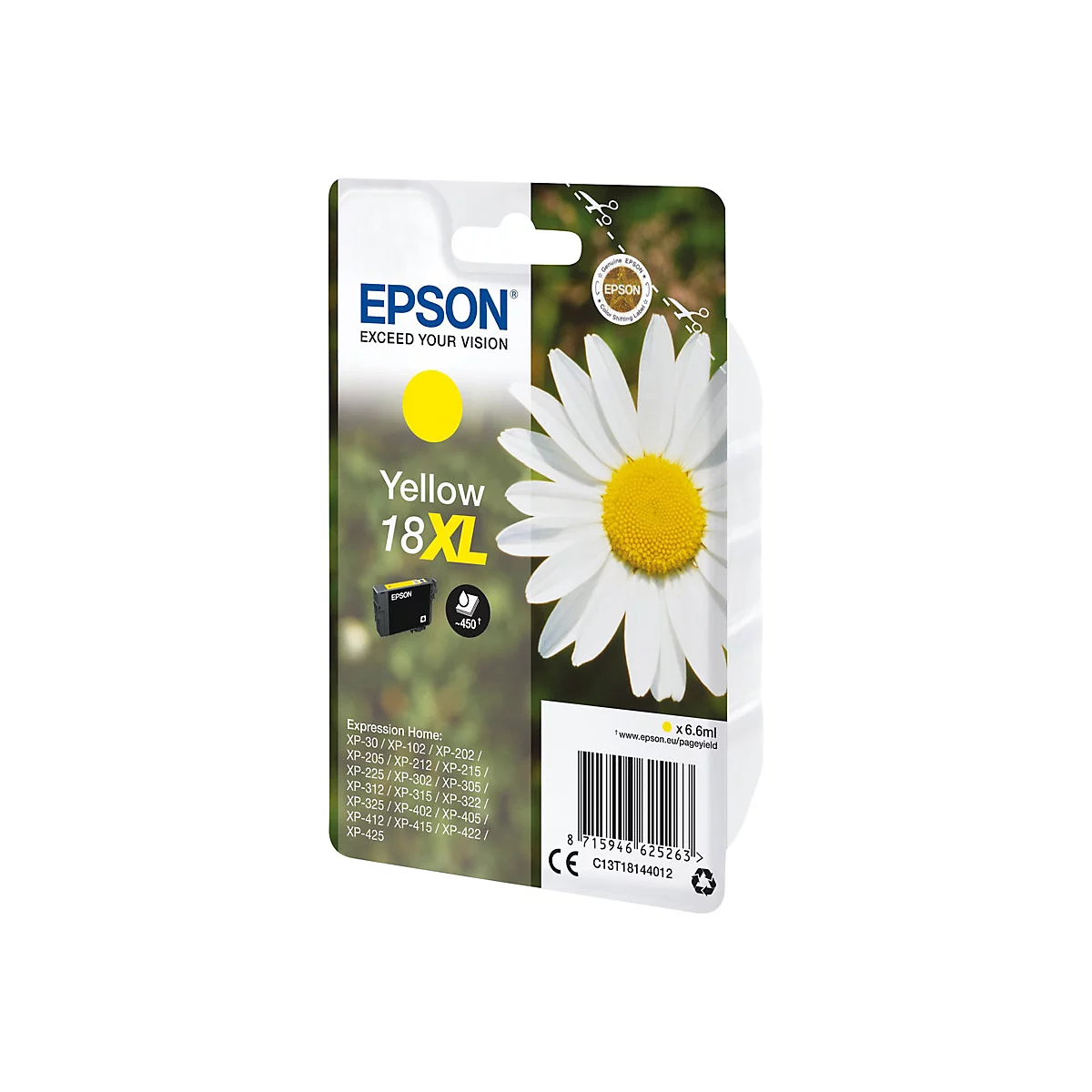 Cartouche d'encre jaune Epson 18XL avec une marguerite. Texte : Epson, Yellow, 18XL.