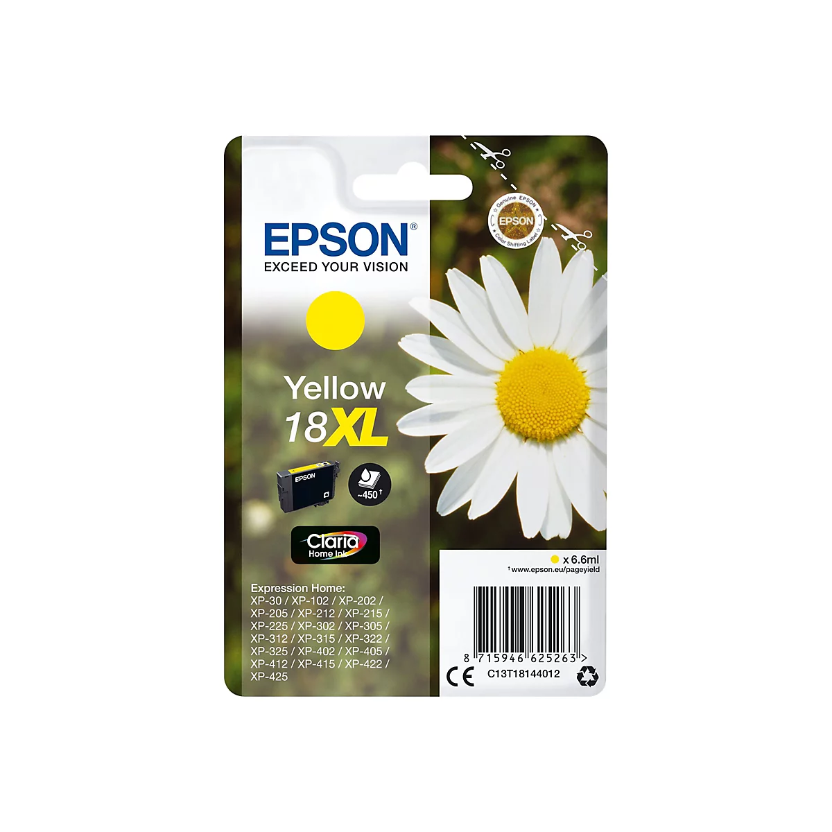 Cartouche d'encre jaune Epson 18XL sur fond de marguerites. Le texte de l'emballage est clairement visible.