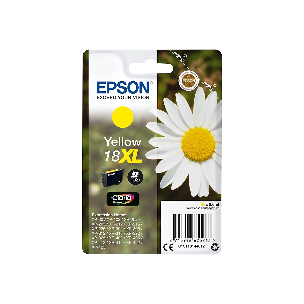 Cartouche d'encre jaune Epson, avec une marguerite en arrière-plan. La cartouche indique : Yellow 18XL. Prairie verte floue en arrière-plan.