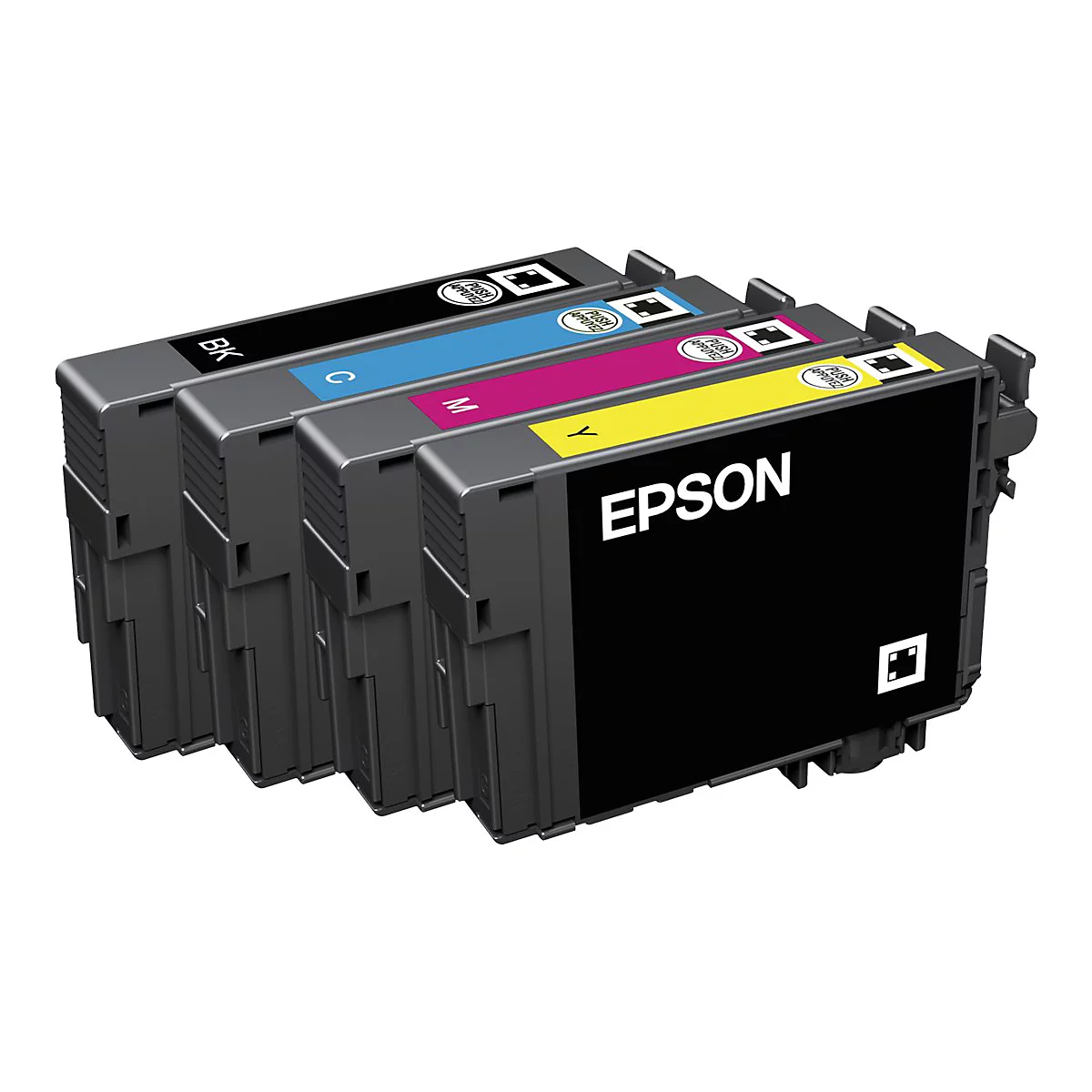 Gros plan sur quatre cartouches d'encre Epson. Noir, cyan, magenta et jaune sont étiquetés, avec le logo Epson.