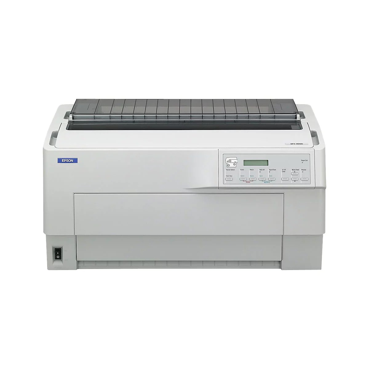 Ein grauer Epson DFX-9000 Nadeldrucker auf weißem Hintergrund. Oberhalb der Papierzufuhr befindet sich eine transparente, dunkle Abdeckung.
