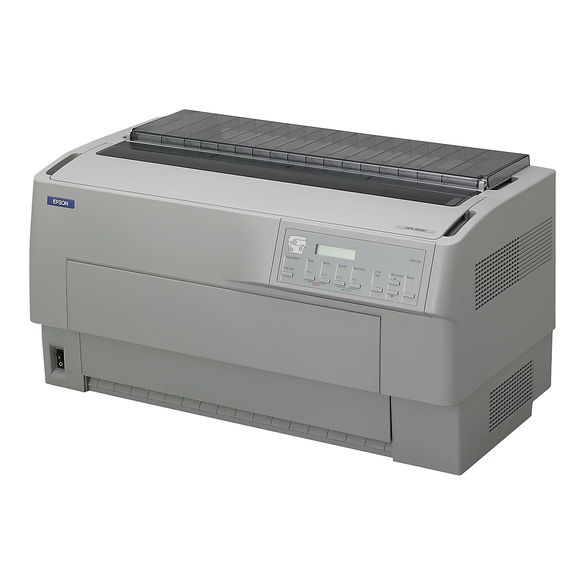 Grauer Epson DFX-9000 Nadeldrucker mit Bedienfeld und Ein/Aus-Schalter.