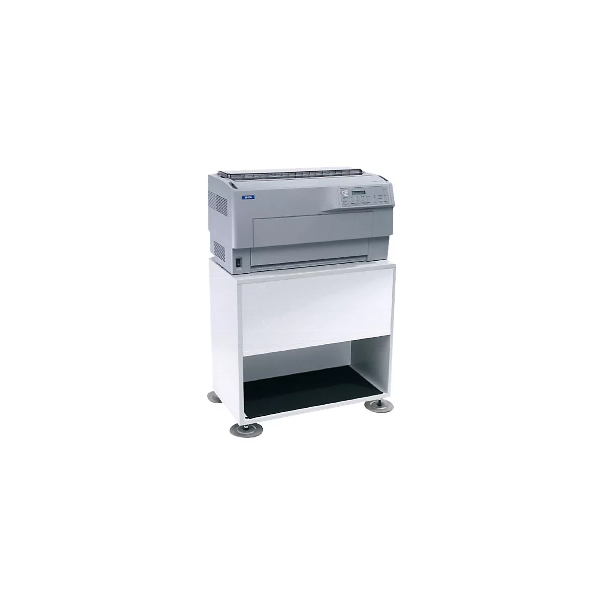 Ein grauer Epson-Drucker steht auf einem weißen Schrank. Der Schrank hat eine offene untere Ablage.