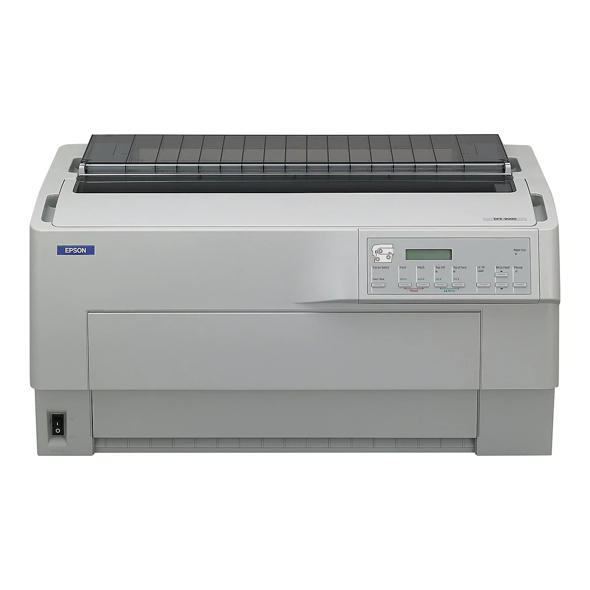 Ein grauer Epson DFX-9000 Nadeldrucker, mit Bedienelementen und geschlossenem Deckel.
