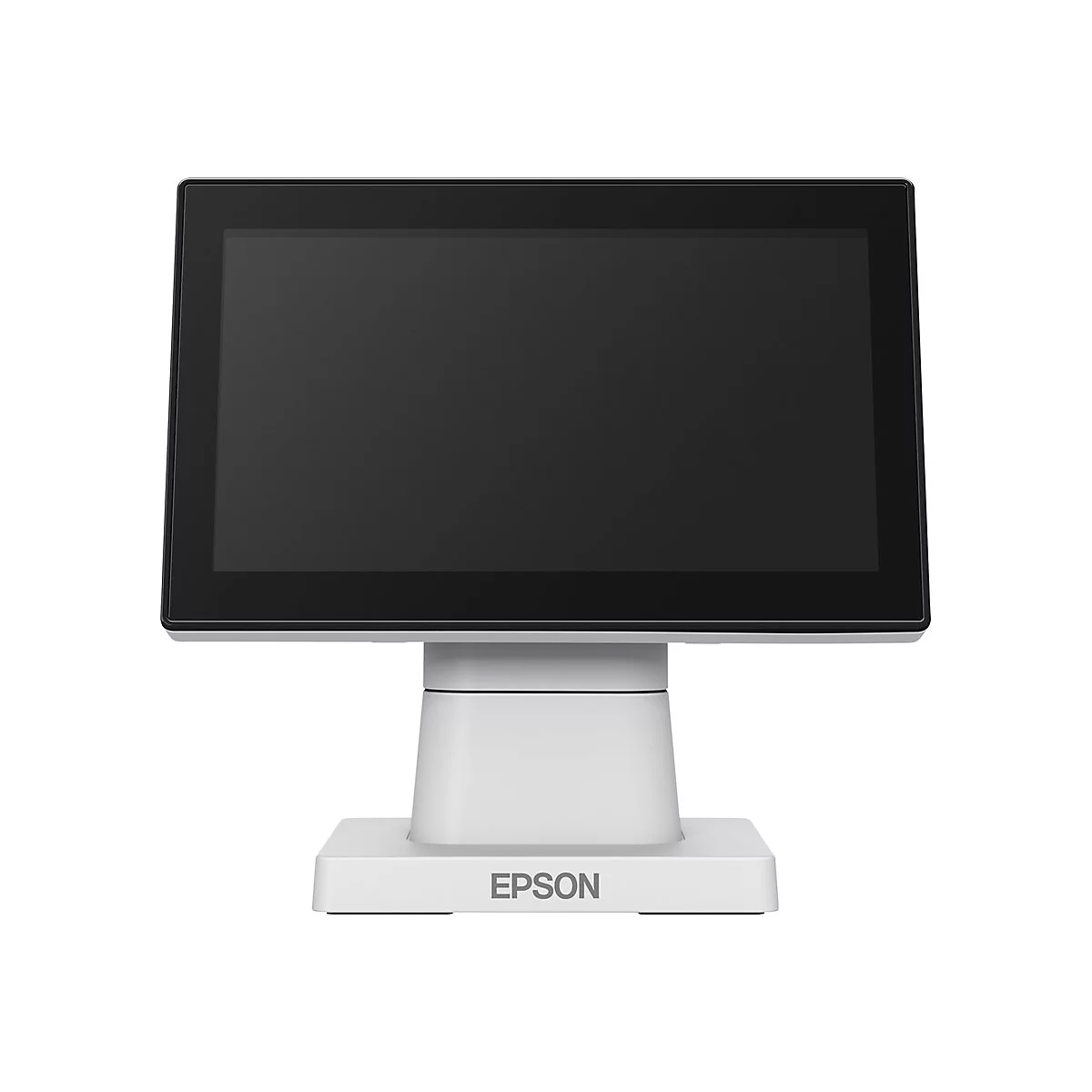 Ein weißes Kassensystem mit einem schwarzen Bildschirm. Auf dem Sockel steht „EPSON“.