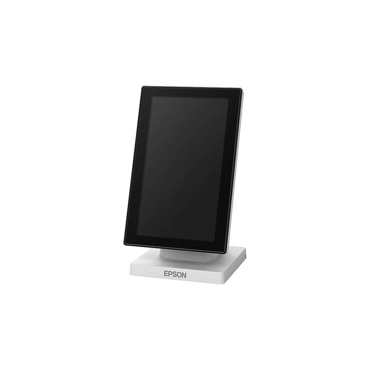 Ein schwarzer Touchscreen-Monitor steht auf einem weißen Sockel, darunter ist das Epson-Logo.