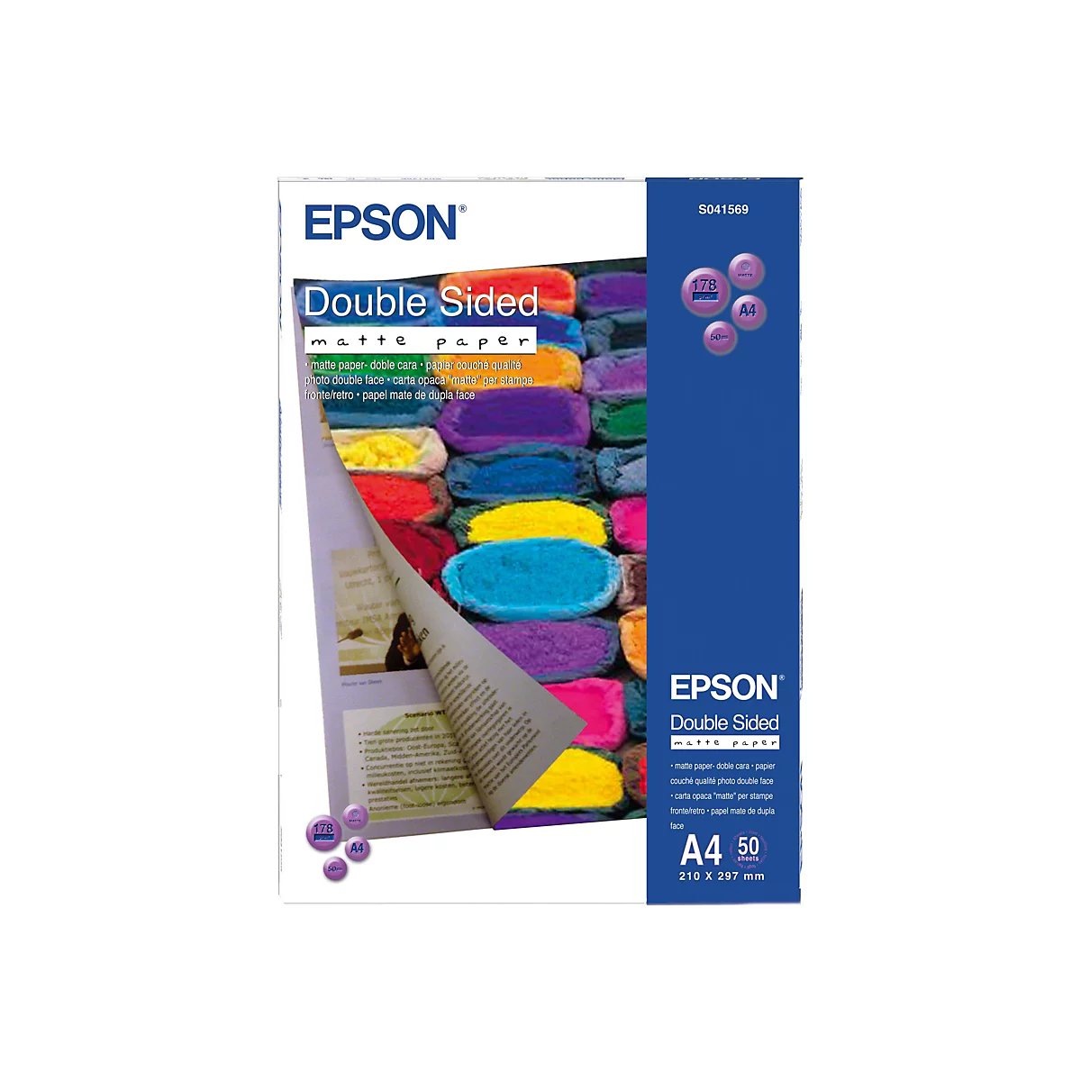 Epson Double Sided Matte Papier Verpackung mit Beispielbild von bunten, ovalen Textilformen auf A4.