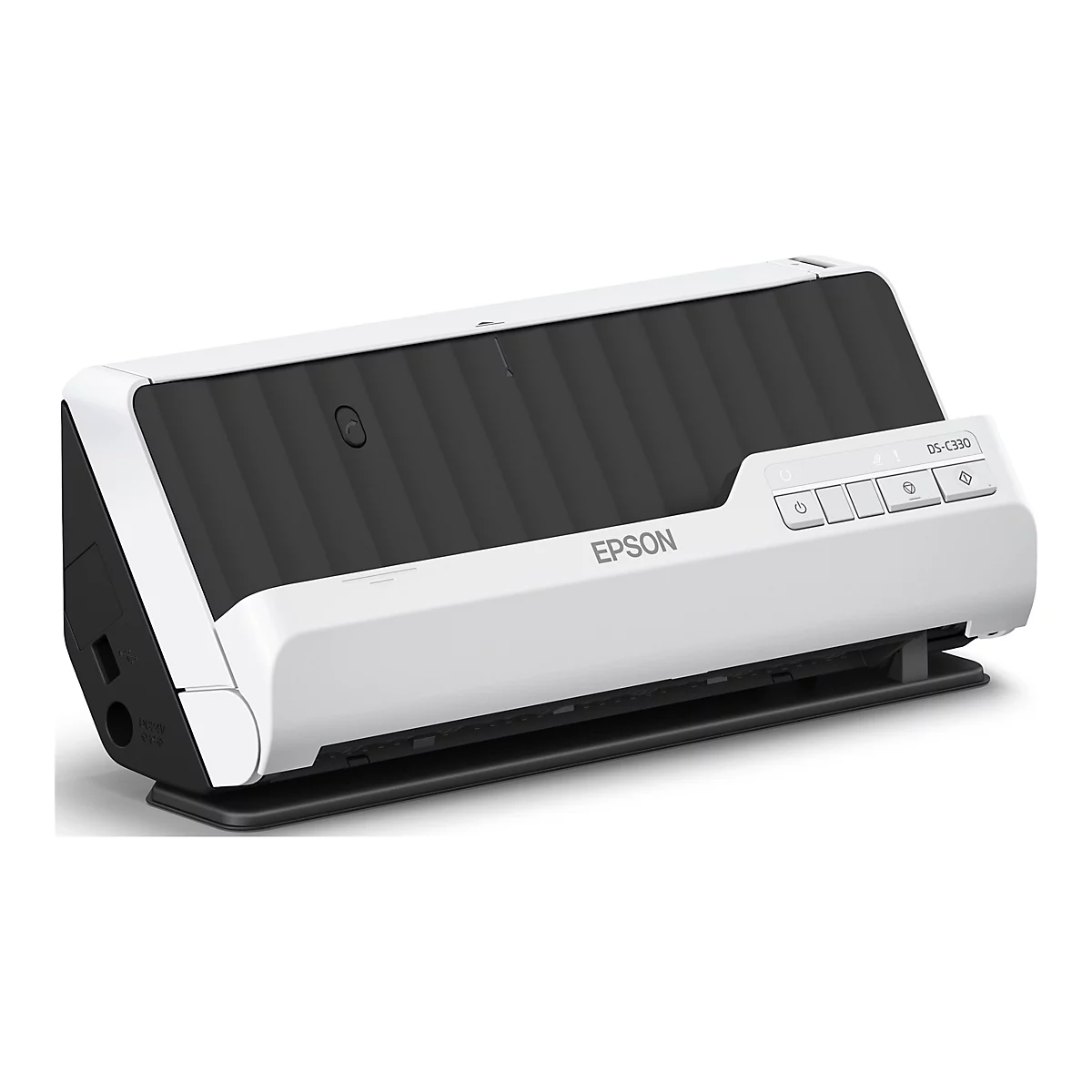 Ein weiß-schwarzer Epson DS-C330 Dokumentenscanner. Oben eine schwarze, geriffelte Oberfläche. Auf der Vorderseite das Epson Logo und Bedienelemente.