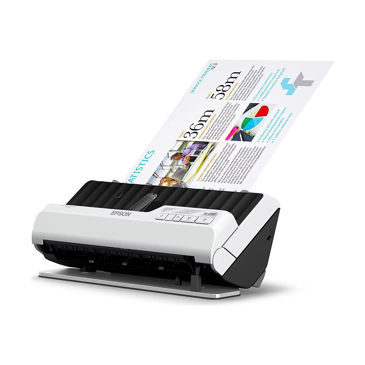 Un scanner Epson DS-C490 scannant un document. Le document scanné montre des graphiques et du texte, notamment le titre "STATISTICS".