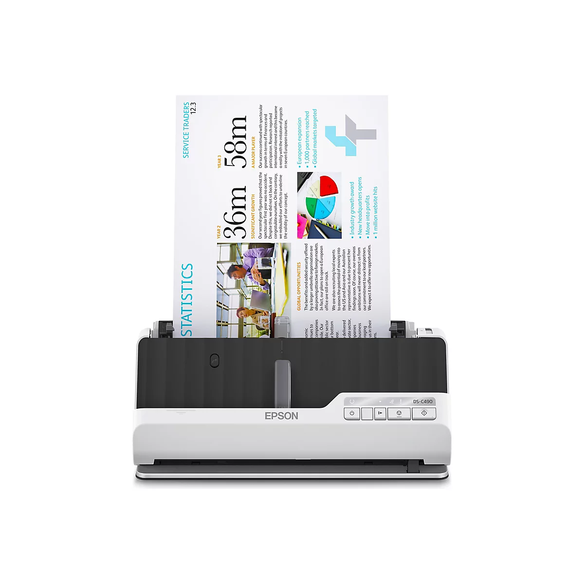 Un scanner de documents Epson scanne une feuille avec des infographies. Il affiche des graphiques et des chiffres tels que 36m et 58m.