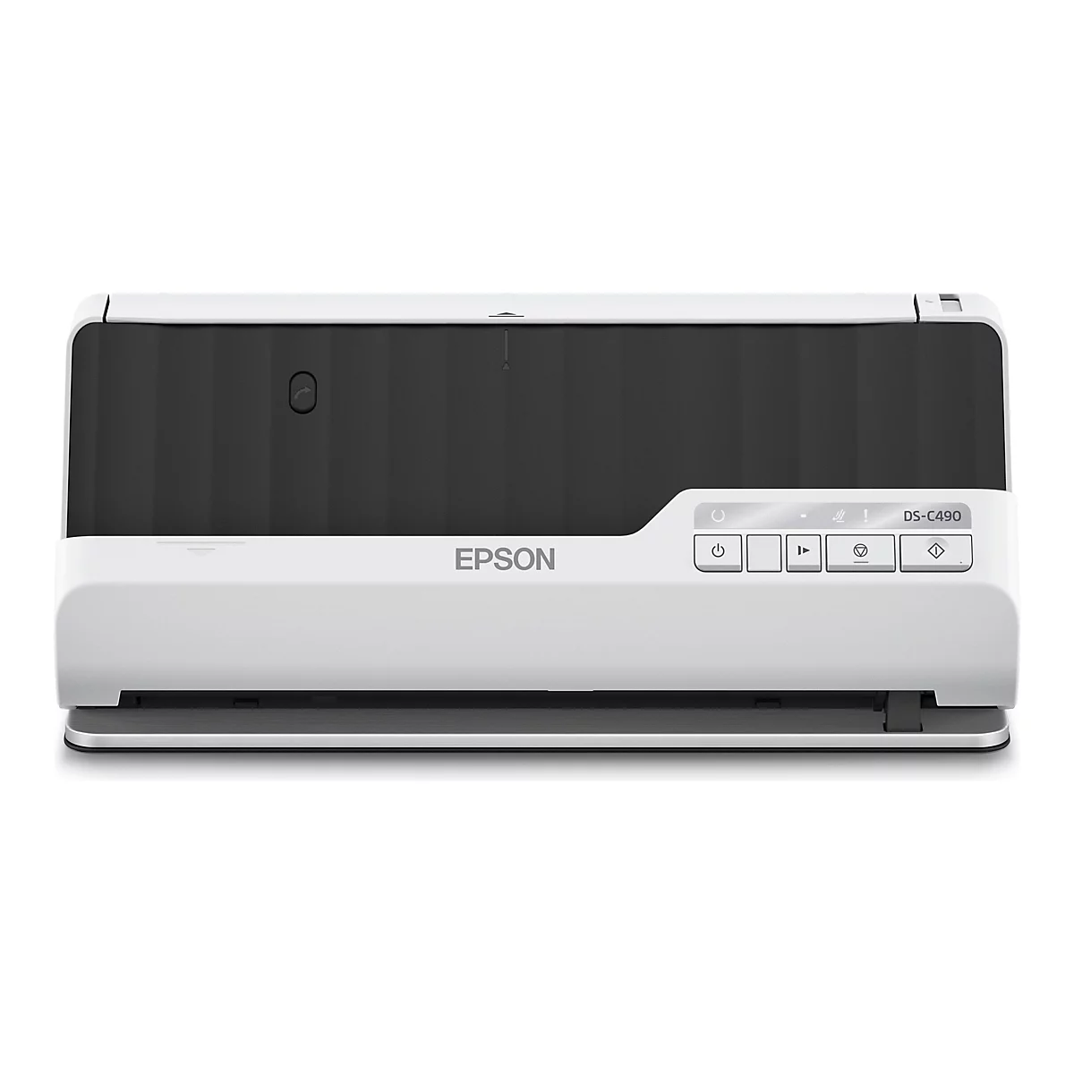 Un scanner Epson DS-C490 blanc. Le dessus est noir. Il y a des boutons et le logo Epson sur le devant.