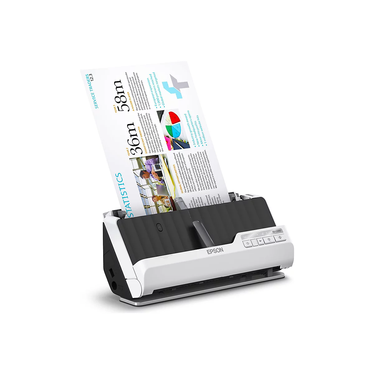 Un scanner Epson blanc avec un document représentant des statistiques et des graphiques. Le scanner possède des boutons de commande et le logo Epson.