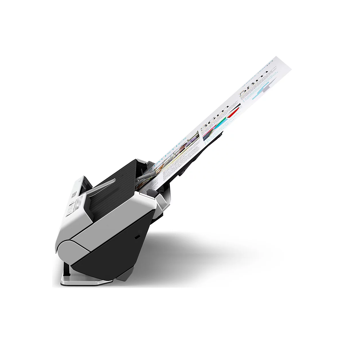 Un scanner gris avec un document qui en dépasse sur fond blanc. Le document contient du texte et des barres colorées.