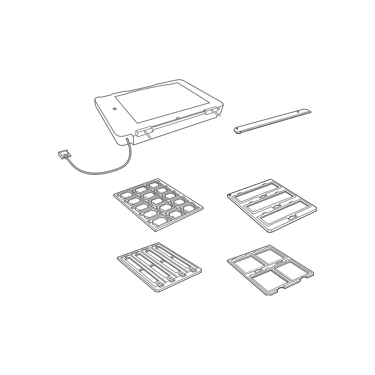 Schwarz-Weiß-Zeichnung mit verschiedenen Produktkomponenten, z.B. Scanners. Inklusive Kabel, Rahmen und Einsätzen.