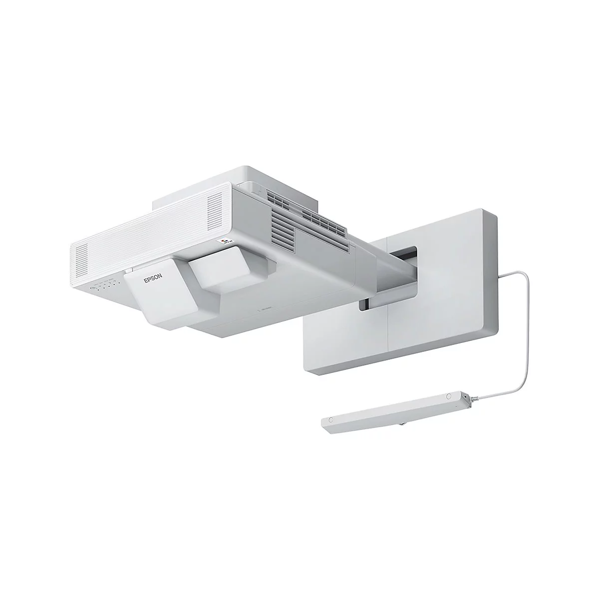 Weißer Projektor an der Decke montiert, EPSON-Logo sichtbar. Rechteckige Form, schlichtes Design.