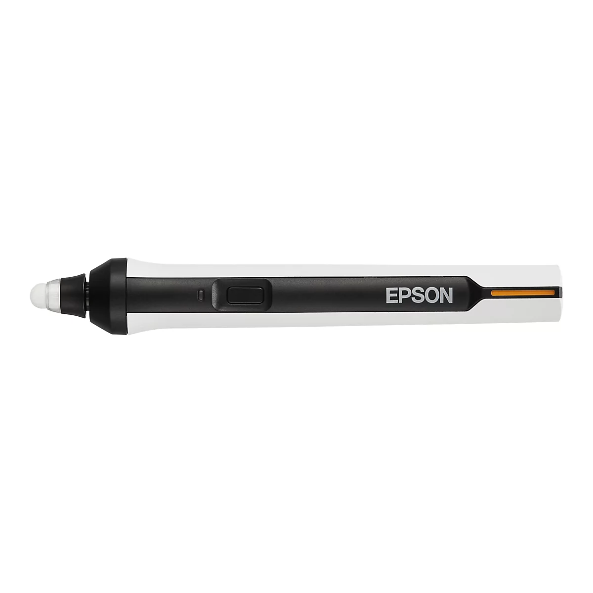 Ein weiß-schwarzer Epson Interaktiv-Stift vor weißem Hintergrund mit runder Spitze und Markenaufschrift.