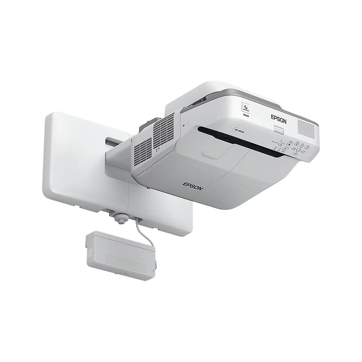 Weißer Epson-Projektor, an einer weißen Wandhalterung montiert. Projektor mit Logo und Bedienfeld. Stromversorgung an der Wand.