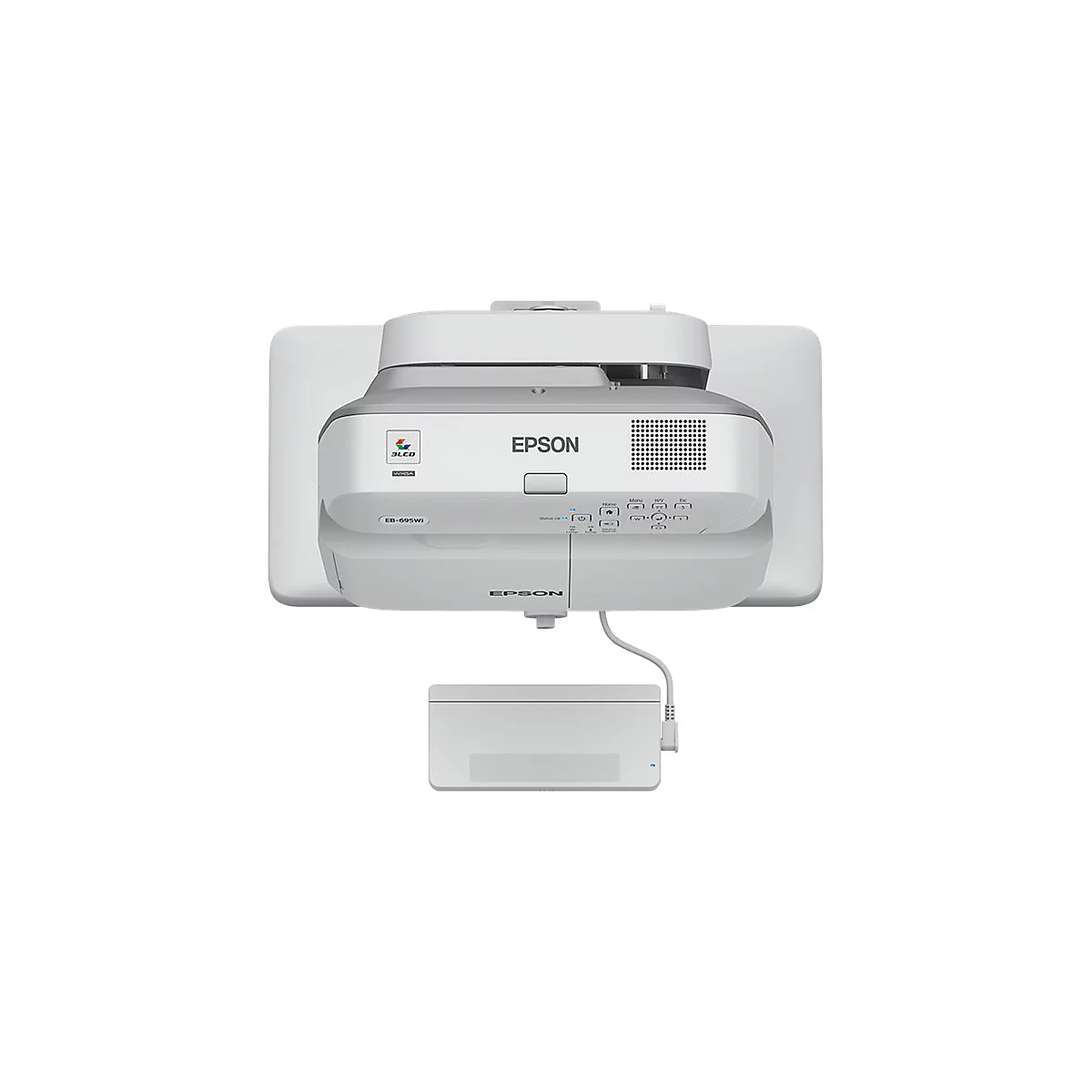 Weißer Epson Projektor Modell EB-695WI mit angeschlossenem Bedienteil auf weißem Hintergrund.