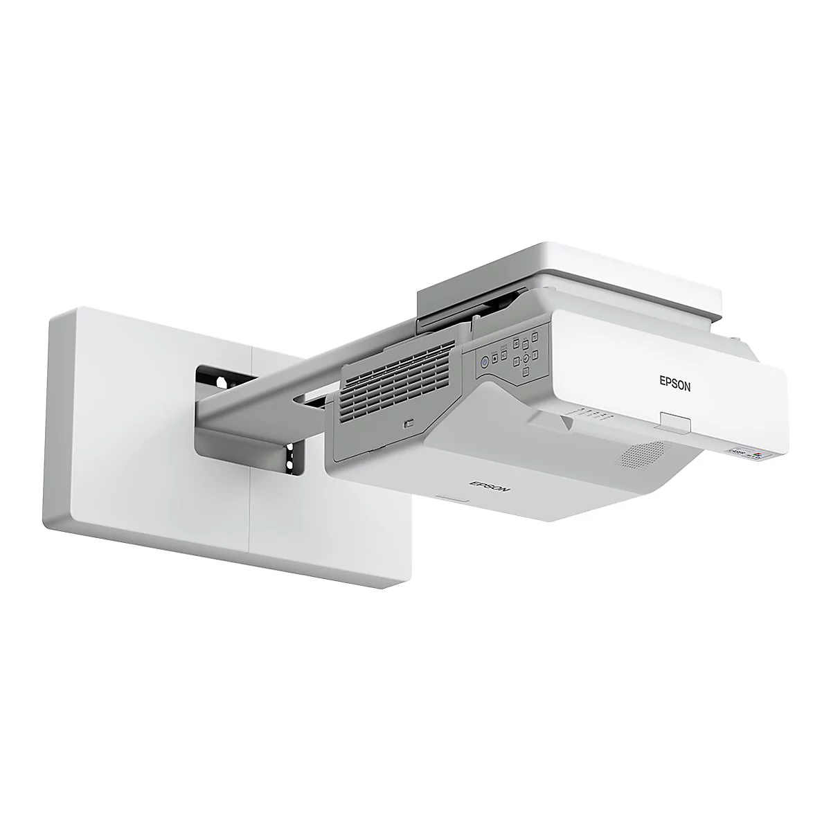 Weißer Epson Kurzdistanzprojektor mit Wandhalterung vor weißem Hintergrund.