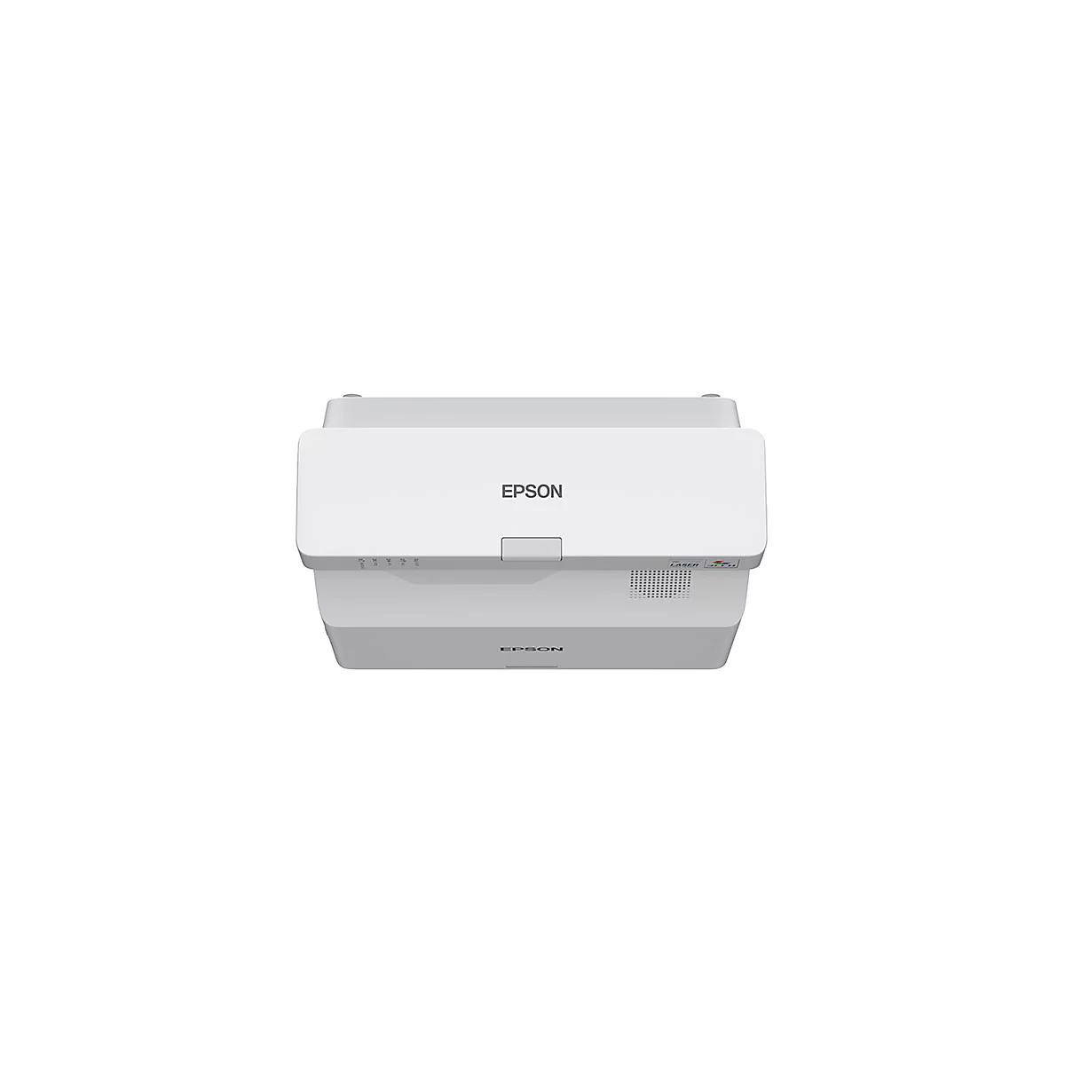 Draufsicht eines weißen Epson Kurzdistanzprojektors vor neutralem Hintergrund.